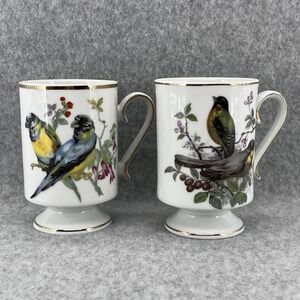 Royal Crown Pedestal‎ Coffee Mugs Set Of 2 Birds Floral Porcelain Gold Trim